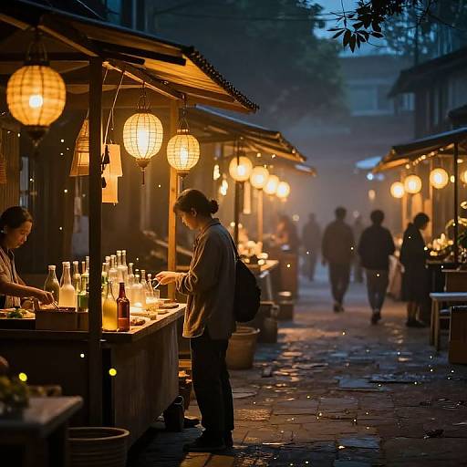 Photograph of a dimly lit, evening Asian market street with warm lanterns, two vendors, and blurred pedestrians, surrounded by wooden stalls and mist