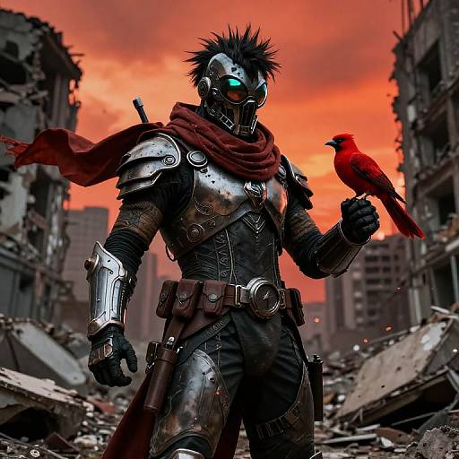 Digital art: Armored, mask-wearing warrior with spiky hair and glowing blue eyes, holding a red bird, in a ruined, fiery city