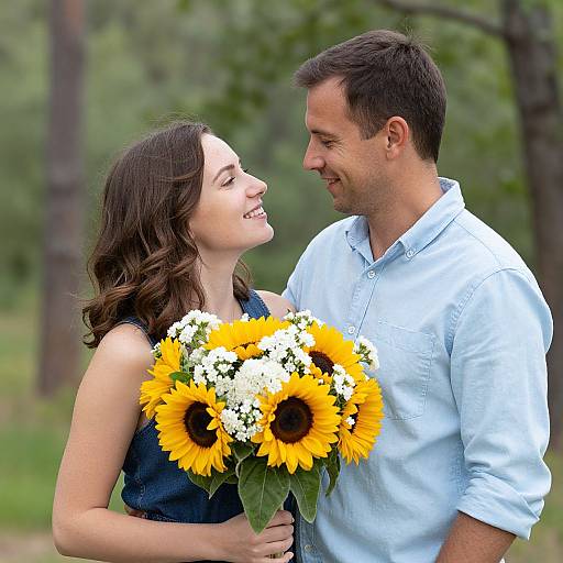 Photograph of smiling couple in forest; woman holds sunflower bouquet, wearing dark sleeveless top, man in light blue shirt, both looking at each