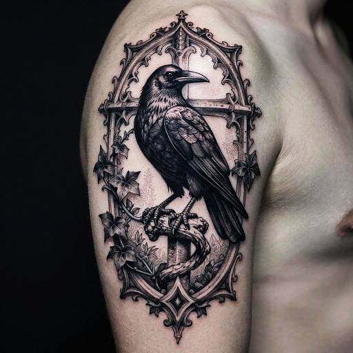 Black ink tattoo of a detailed crow perched on a vine within an ornate frame on a bare male shoulder.