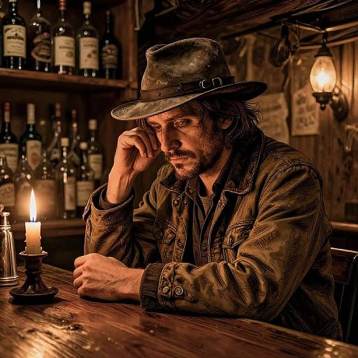 Photograph of a bearded man in a worn brown hat and denim jacket, pensive in a dimly lit, wooden bar, candlelit,