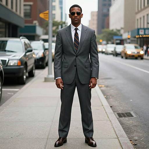 Man in Suit Standing on City Street