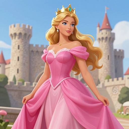 Digital illustration of a blonde princess with blue eyes, wearing a pink off-shoulder ball gown and golden crown, standing in front of a castle with