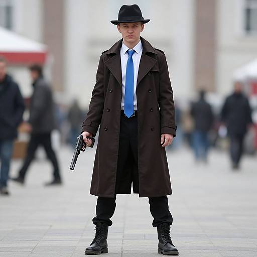 Photograph of a young man in a black coat, blue tie, black pants, and boots, holding a gun, standing in a busy, blurred