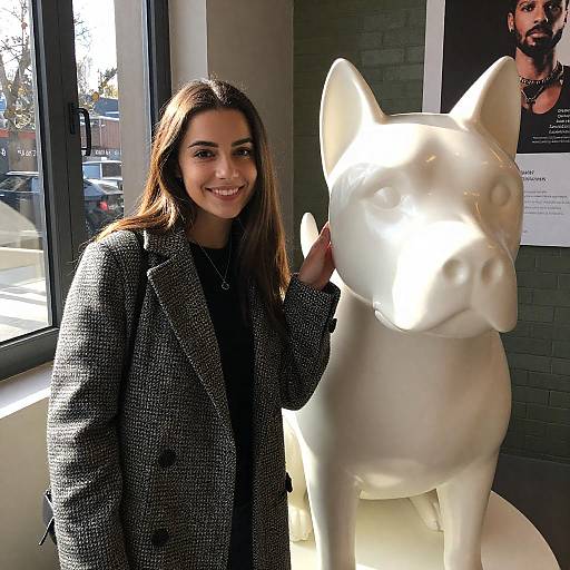 Smiling Woman with Lifelike Dog Sculpture