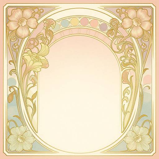 Decorative Art Nouveau-style digital illustration with gold floral patterns, circular central white space, pastel pink and blue background, and intricate vine details.