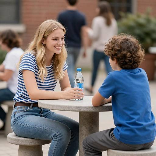 Smiling Woman and Boy at Table