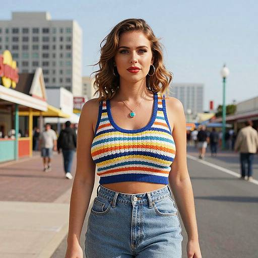 Photograph of a confident woman with wavy brown hair, wearing a colorful striped crop top and high-waisted jeans, standing on a sunny urban