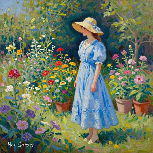 Impressionistic painting of a woman in a blue dress and straw hat, standing in a vibrant, colorful garden with blooming flowers. 