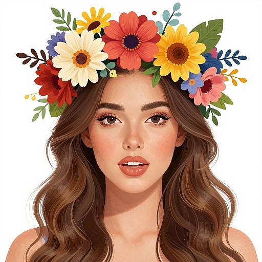 Digital illustration of a fair-skinned woman with wavy brown hair, wearing a colorful flower crown, against a plain white background.