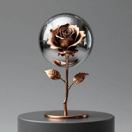 Photograph of a rose sculpture with a metallic copper stem and leaves, topped by a reflective glass sphere, displayed on a gray cylindrical base.