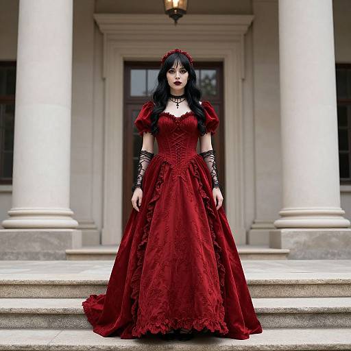 Gothic woman with black hair, red lace dress, black choker, and wrist cuffs, stands on stone steps before white pillars. Digital art