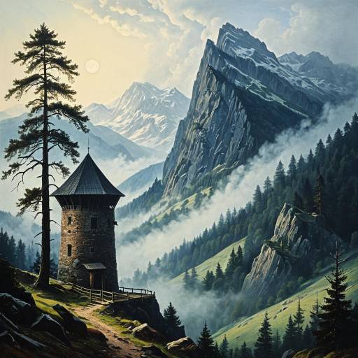 Mountainous Valley with Watchtower and Mist