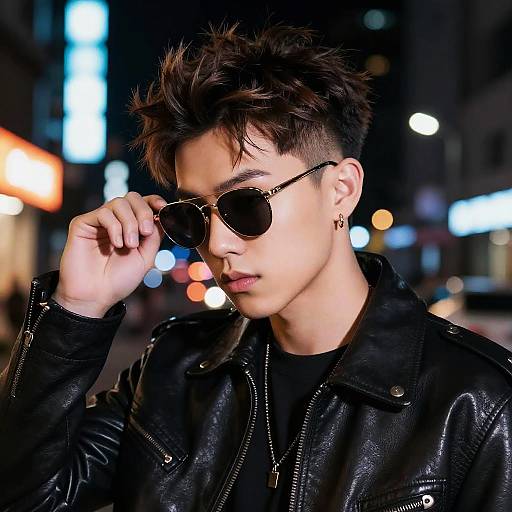 Photograph of a young Asian man with spiked black hair, wearing black round sunglasses, black leather jacket, and black shirt, adjusting his glasses at night