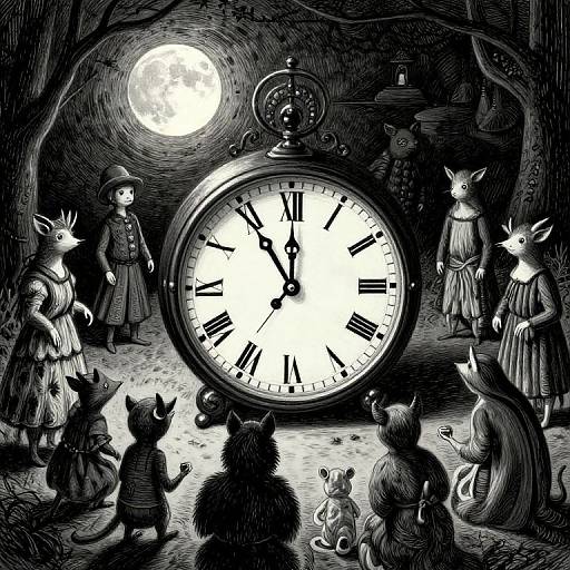 Black-and-white illustration of anthropomorphic animals in Victorian-style dresses gathered around a large, glowing clock under a full moon.