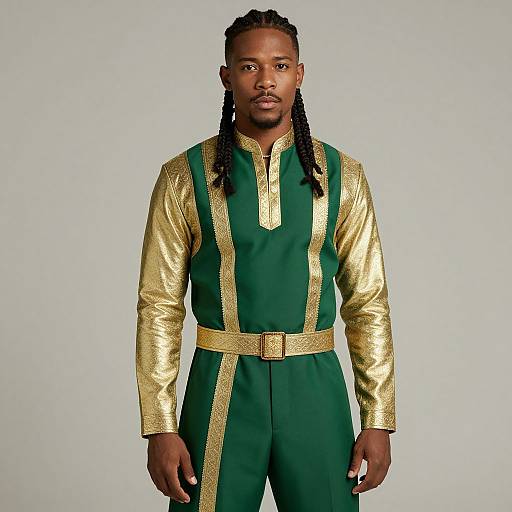 Photograph of a Black man with braided hair, wearing a green and gold metallic long-sleeve jumpsuit with vertical stripes, standing against a