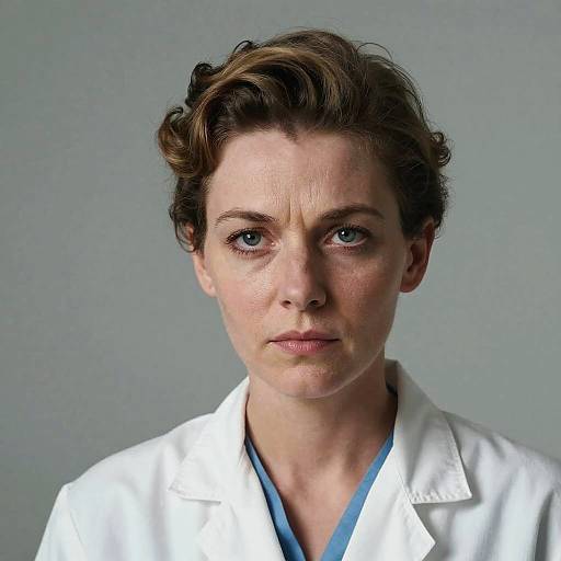 Photograph of a serious, middle-aged woman with short, wavy brown hair, blue eyes, and fair skin, wearing a white lab coat over