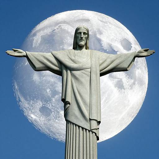 Photograph of a statue of Jesus with outstretched arms, positioned against a bright, full moon in a clear blue sky.