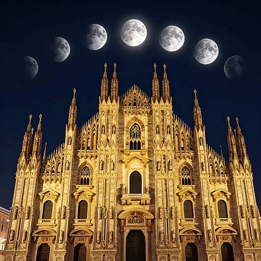 Photograph of a Gothic-style cathedral illuminated with golden lights, showcasing intricate spires and detailed architecture, with four full moons in a dark blue night sky