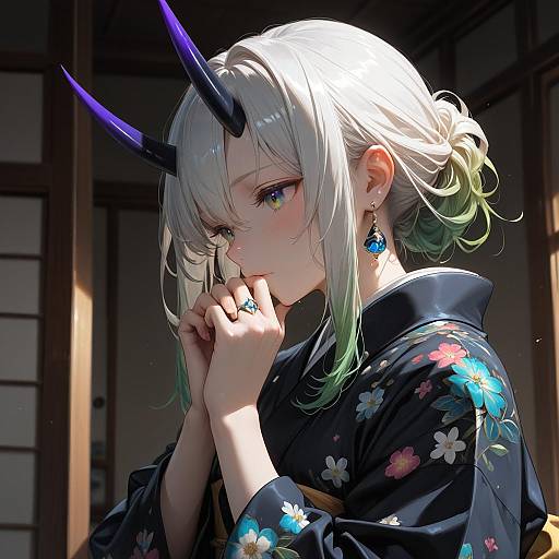 Detailed Portrait of Horned Girl in Kimono