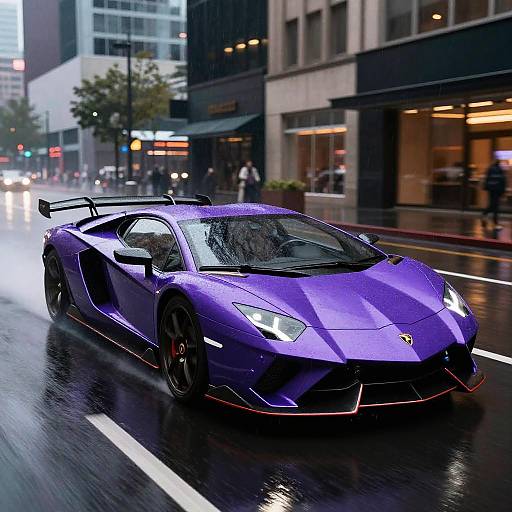 Photograph of a sleek, purple Lamborghini Gallardo driving on a wet, urban street at night, with city lights and buildings in the background.