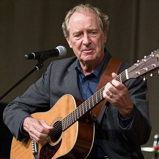 Middle-aged man with gray hair and beard, wearing a black jacket and blue shirt, passionately playing an acoustic guitar on stage.