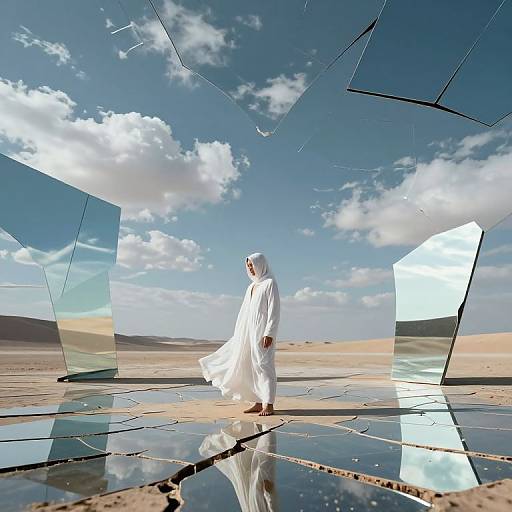 Photograph of a person in a white traditional robe standing in a desert, surrounded by shattered mirrors reflecting a blue sky and clouds.