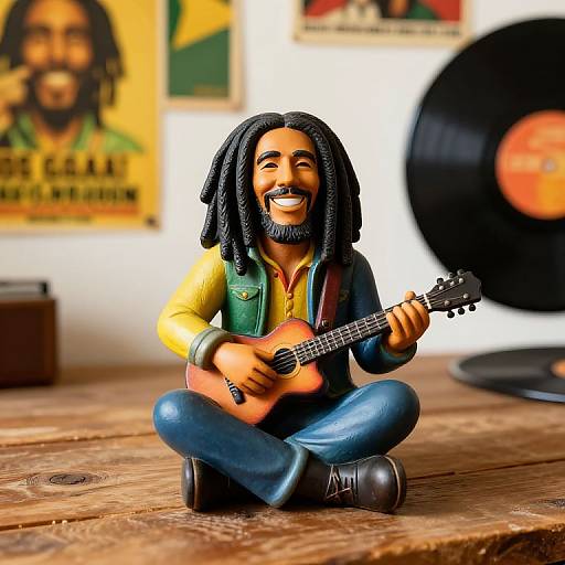 Photograph of a colorful plastic figurine of a smiling black man with dreadlocks, playing a guitar, sitting cross-legged on a wooden surface, with