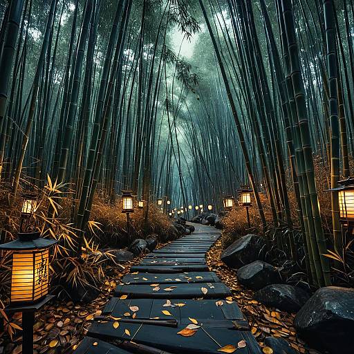 Serene Bamboo Forest Path at Twilight