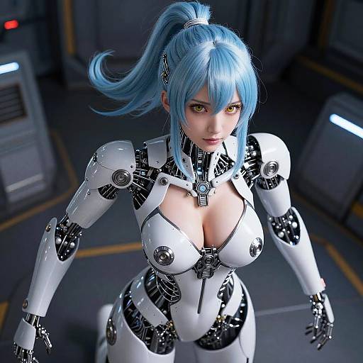 CGI image of a blue-haired, yellow-eyed, cybernetic woman with large breasts in a white and black robotic suit in a dark, futuristic