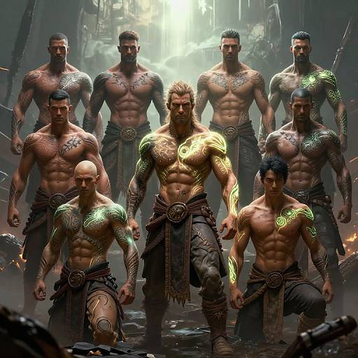 Digital artwork of muscular, tattooed men with glowing tribal tattoos, wearing loincloths, standing in a dimly lit, industrial, post-ap