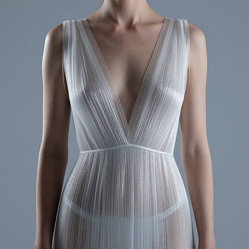 Photograph of a slender woman wearing a sheer, silver, V-neck gown with intricate, textured fabric, highlighting her collarbones and cleavage against a