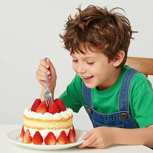 Photograph of a young boy with messy brown hair, wearing a green shirt and blue overalls, smiling while cutting a strawberry-topped cake with a