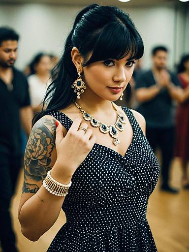 Woman in Polka Dot Dress with Jewelry and Tattoo