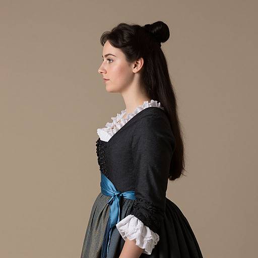 Photograph of a young woman with pale skin, dark hair in a bun, wearing a black dress with white lace trim, blue ribbon, and a