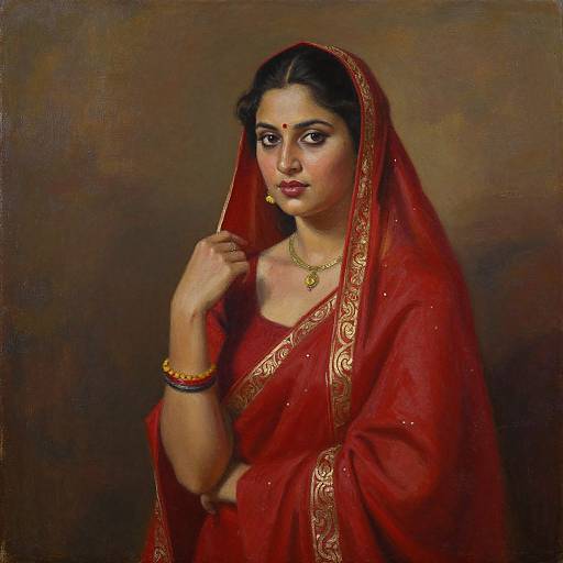 Photorealistic painting of a beautiful Indian woman with dark hair, wearing a red saree with gold trim, jewelry, and a thoughtful expression.