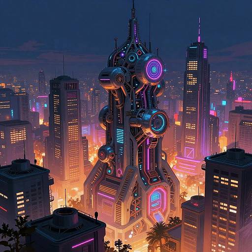 Neon-lit, cyberpunk cityscape with futuristic, towering, multi-tiered building adorned with glowing blue, purple, and pink lights, surrounded