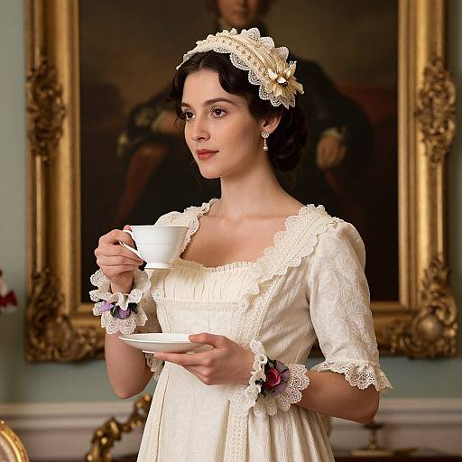 Photorealistic digital artwork of a fair-skinned woman with dark hair, wearing an elegant white Victorian dress with lace, holding a teacup and