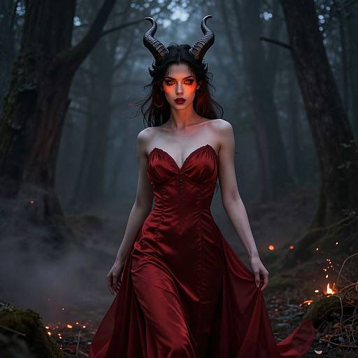 Digital artwork of a pale-skinned demon woman with black horns, red eyes, and a red satin dress, walking through a dark, misty forest