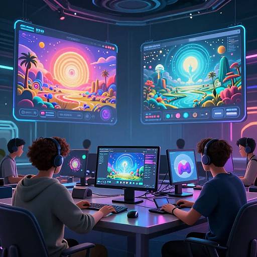 CGI image of four people wearing headphones, seated at desks, working on glowing computer screens with vibrant, neon-infused space-themed interfaces.