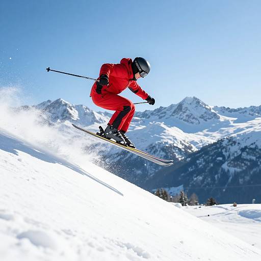 Photograph of a skier in bright red outfit, black helmet, and black gloves, mid-jump, with snowy mountains and clear blue sky in