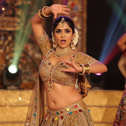 Photograph of an Indian dancer in a gold and beige traditional costume with intricate embroidery, colorful jewels, and gold jewelry, performing on a brightly lit stage