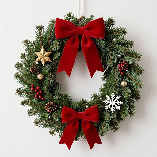 Photograph of a festive Christmas wreath adorned with two red bows, golden star, red berries, pinecones, and white snowflake, set
