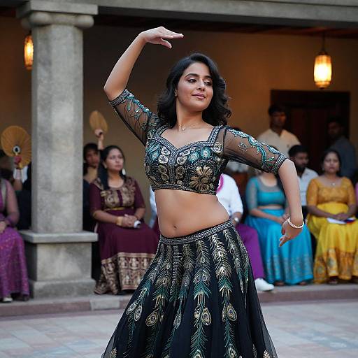 Photograph of a confident South Asian woman dancing in an ornate, black, peacock-embroidered outfit, with spectators in vibrant traditional attire