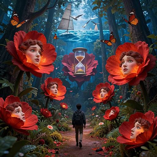 Fantasy forest scene with giant red poppy faces, glowing eyes, hourglass, and butterflies; a lone figure walks down a path. Digital art