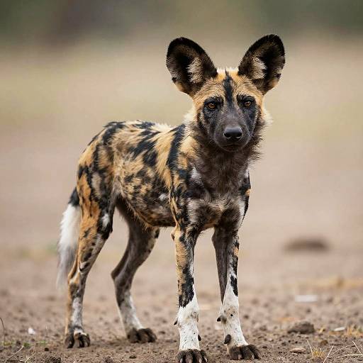 Photograph of a standing African wild dog with a black, brown, and white spotted coat, large ears, and white-tipped legs, on a