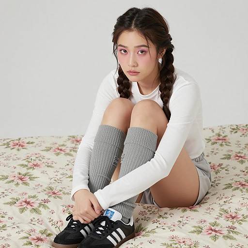 Young Asian Woman Sitting on Floral Bed