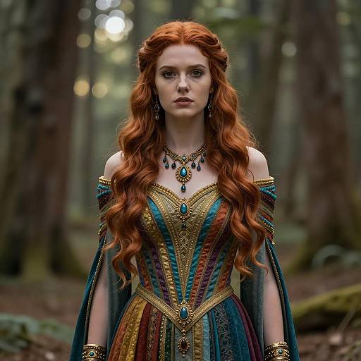 Woman in Fantasy Medieval Dress in Forest