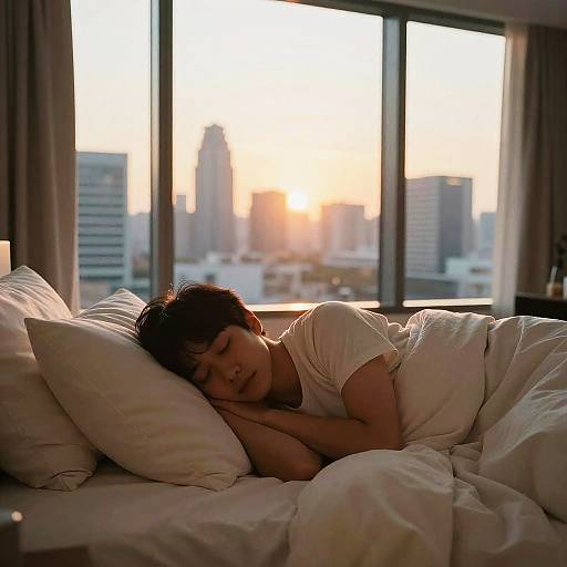 Photograph of an Asian man with short black hair sleeping on a bed with white pillows and sheets, sunrise cityscape visible through large window in the background