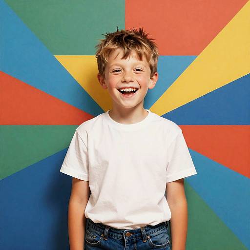 Joyful Boy with Vibrant Geometric Art